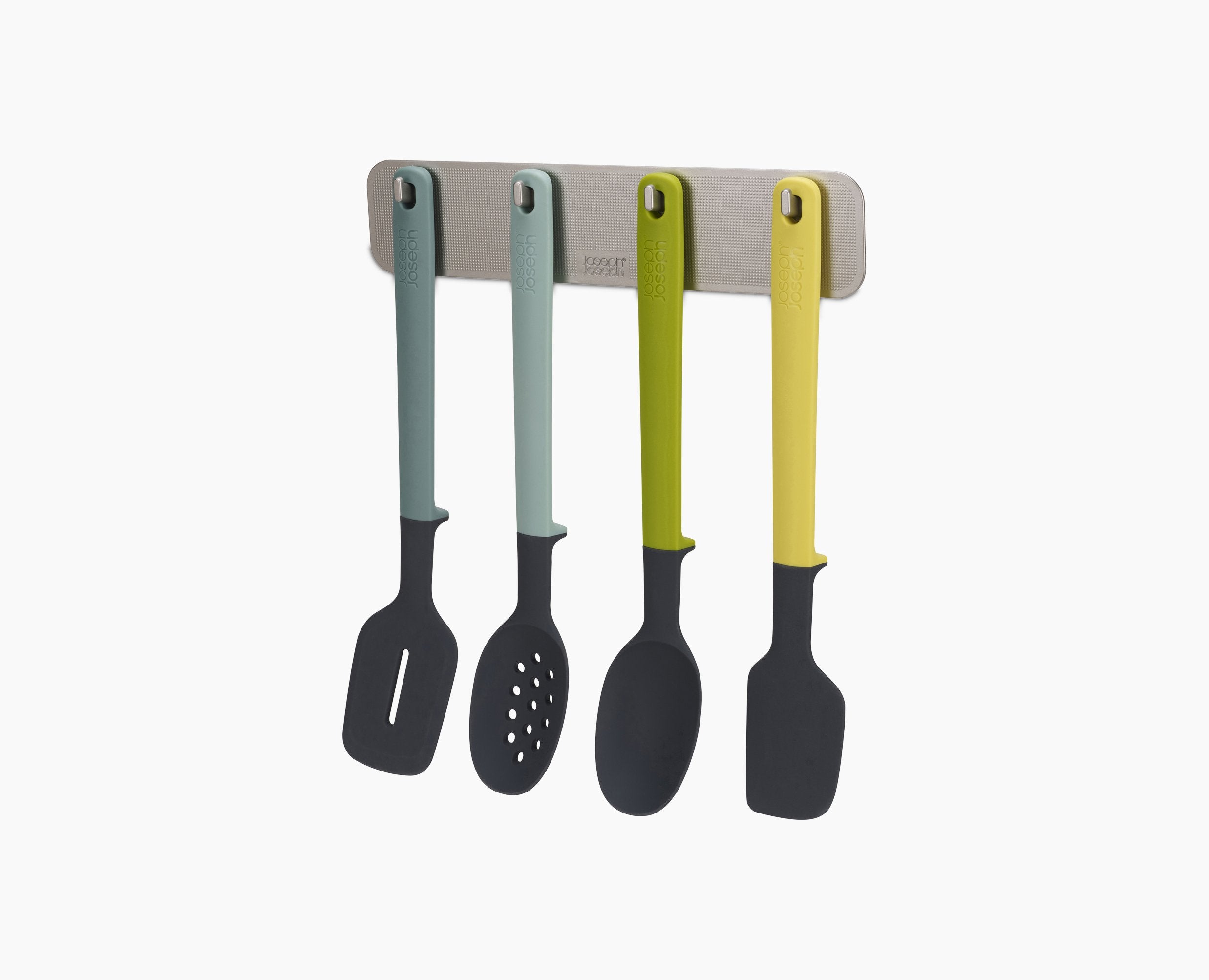 BEON.COM.AU  This clever 4-piece utensil set makes maximum use of the space inside your cupboard by storing on the back of the door.  Slimline rack ideal for mounting in narrow spaces Easy, tool-free installation using strong 3M™ VHB™ adhesive tape Elevate™ utensils feature integrated tool rests to prevent t... Joseph Joseph at BEON.COM.AU
