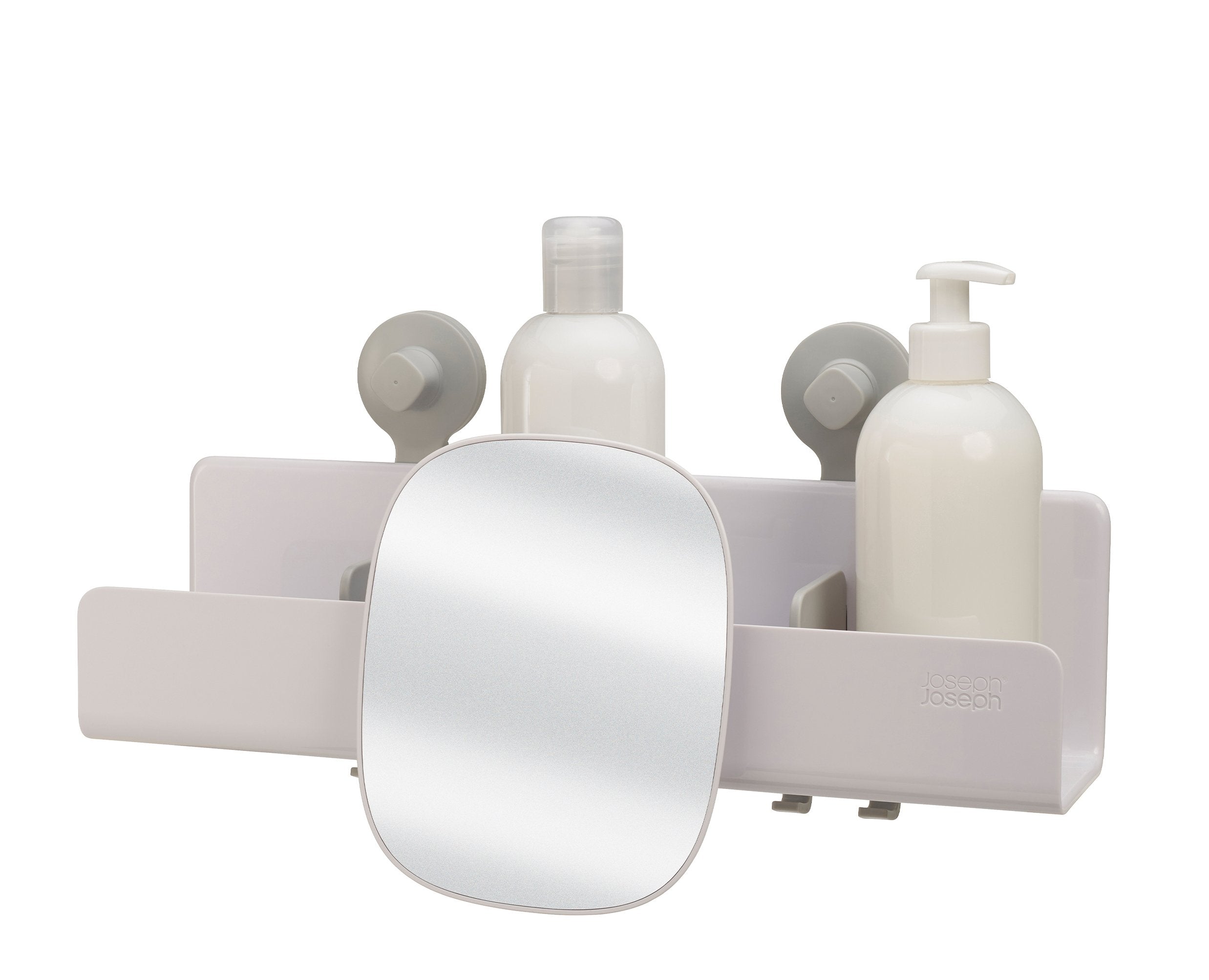 BEON.COM.AU  This large shower shelf takes the hassle out of shower storage by holding soap bars, shower gels and shampoo bottles and features hooks for razors, sponges and flannels and a hinged, removable, shatter-resistant acrylic mirror.  Self-draining design Handy storage hooks Lift-off shelf for easy cl... Joseph Joseph at BEON.COM.AU