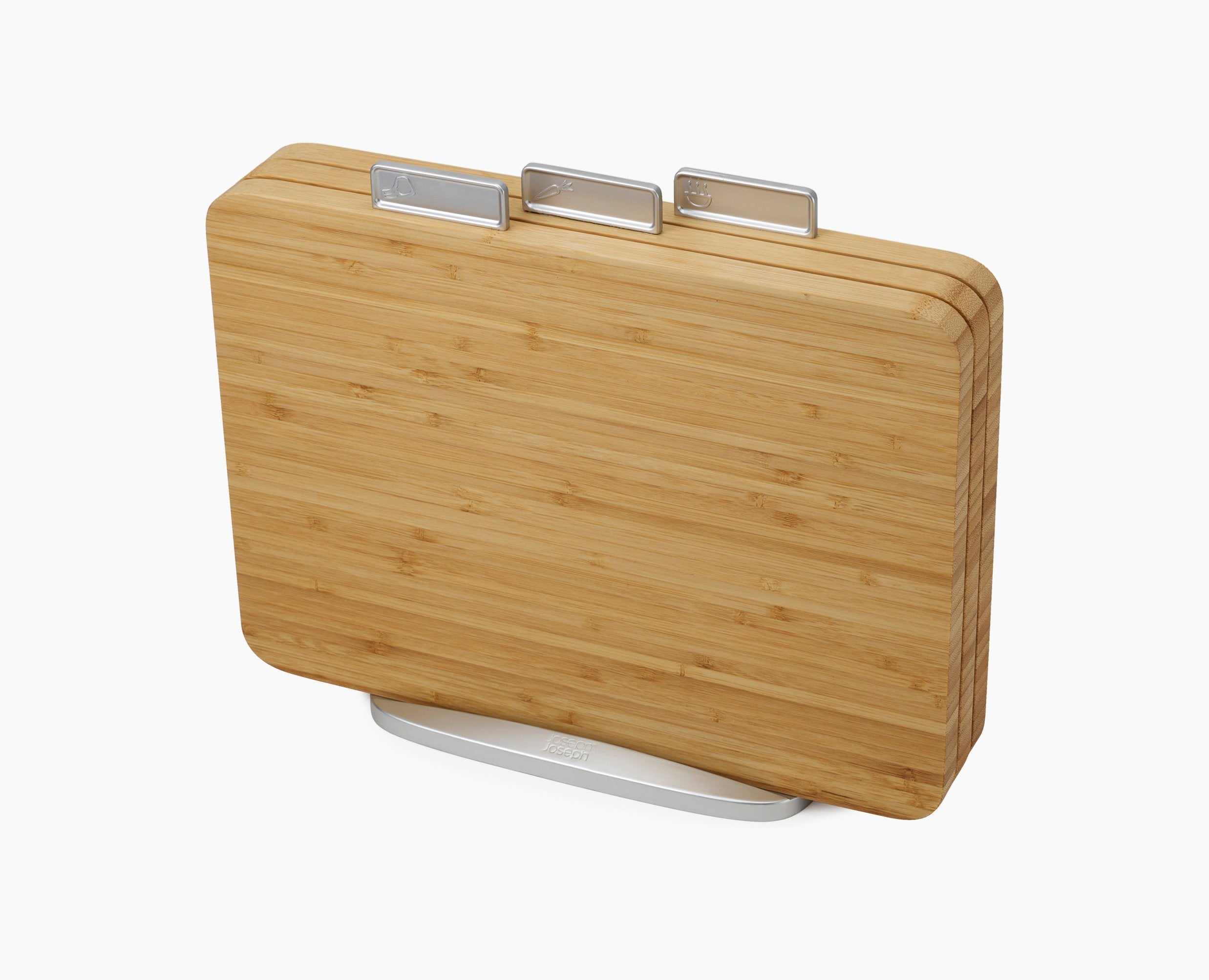 BEON.COM.AU  This chopping board set contains three food-specific bamboo chopping boards with a sturdy metal storage stand to hold them in.  Set of 3 food-specific chopping boards plus storage stand Designed to prevent cross-contamination of different food types Illustrated, index-style tabs on boards indica... Joseph Joseph at BEON.COM.AU