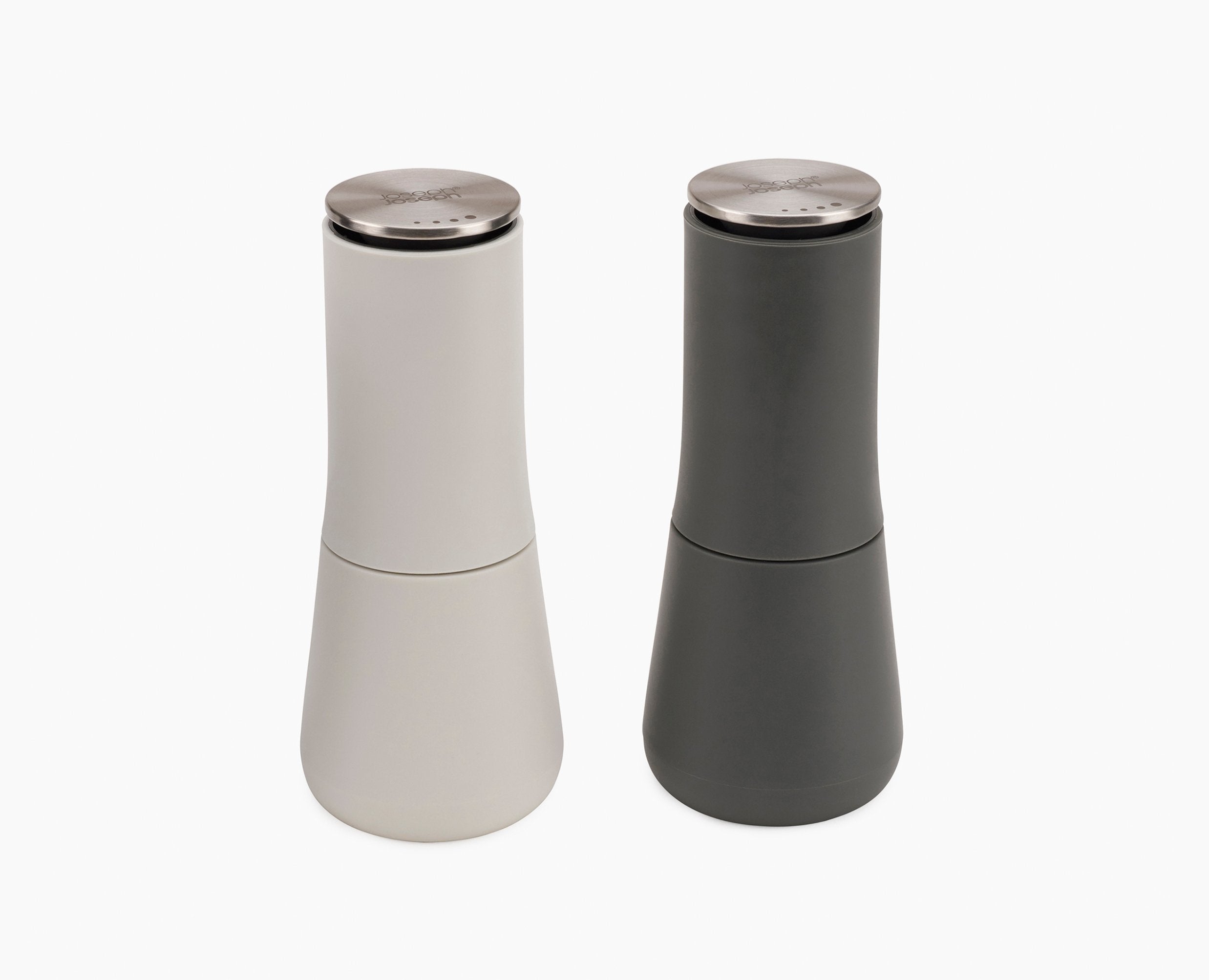 BEON.COM.AU  The clever design of these elegant salt and pepper mills means the grinding mechanism is at the top so any excess grounds fall back inside the unit rather than onto the surface they are set down on.  Inverted design keeps table tops mess-free Simply twist base to grind Adjust grinding size by tw... Joseph Joseph at BEON.COM.AU