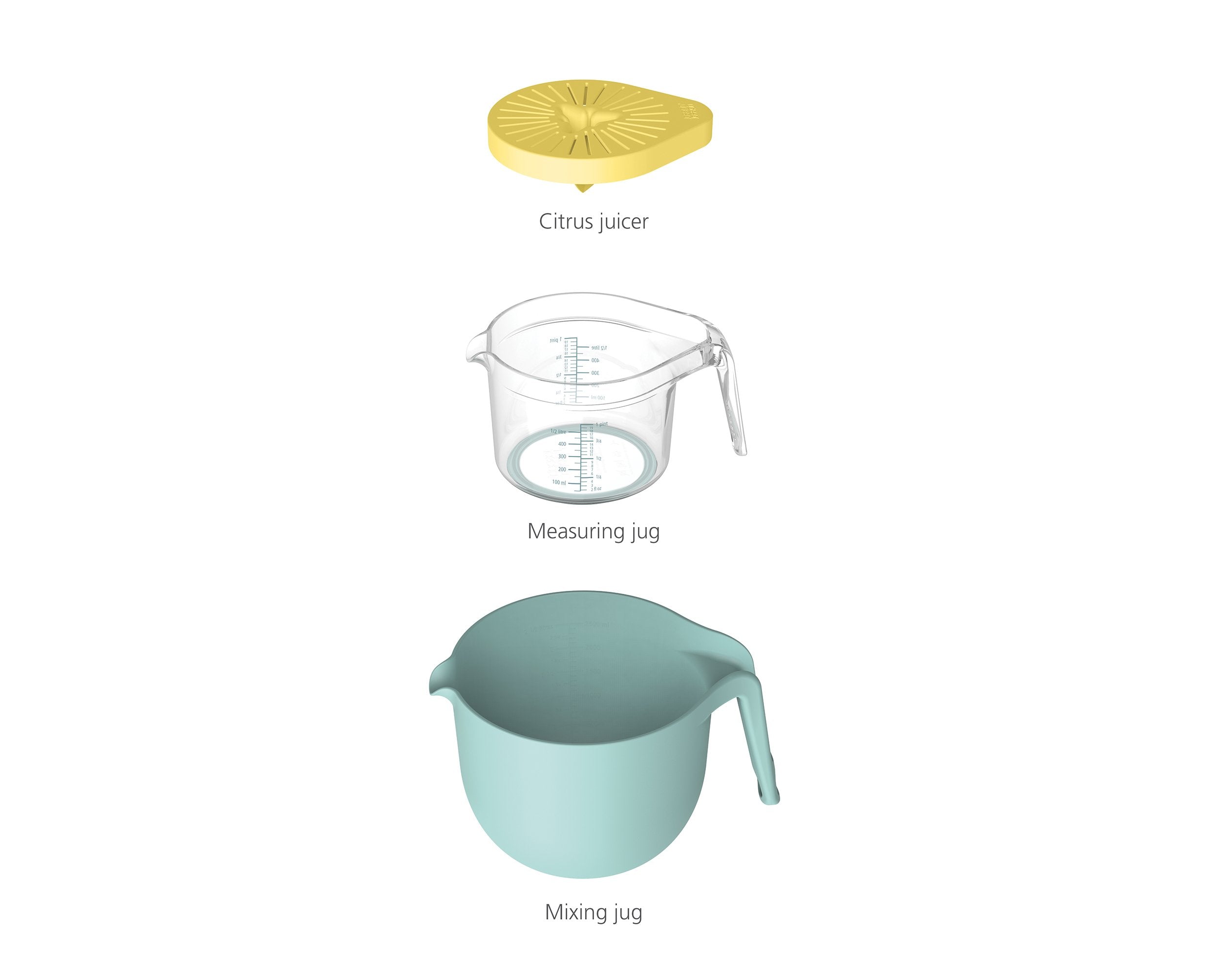 BEON.COM.AU  This useful set includes a 2.5 litre (4 pint) mixing jug, a 0.5 litre (1 pint) measuring jug and a citrus juicer, which all stack neatly together for compact storage.  Set includes: 2.5 litre (5.3 pint) mixing jug, 0.47 litre (1 pint) measuring jug and a citrus juicer Jugs feature easy-pour spou... Joseph Joseph at BEON.COM.AU