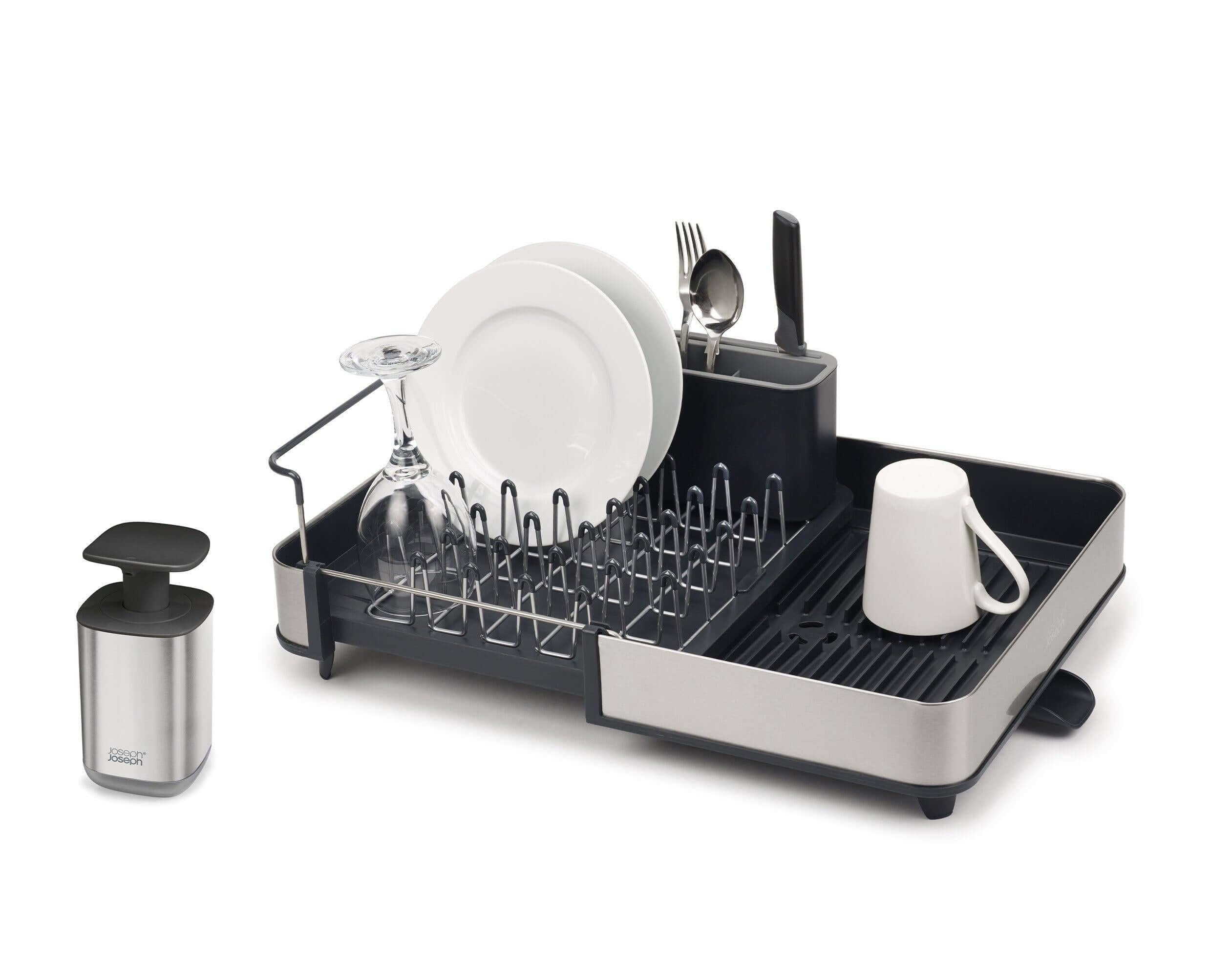 BEON.COM.AU This stylish set includes two highly-functional products to help make your sink-space shine. Dish rack extends to hold more items when needed Features draining spout, chopping board rail, raised ribs to prevent water being trapped and a movable cutlery pot Soap pump features large, easy-push head... Joseph Joseph at BEON.COM.AU