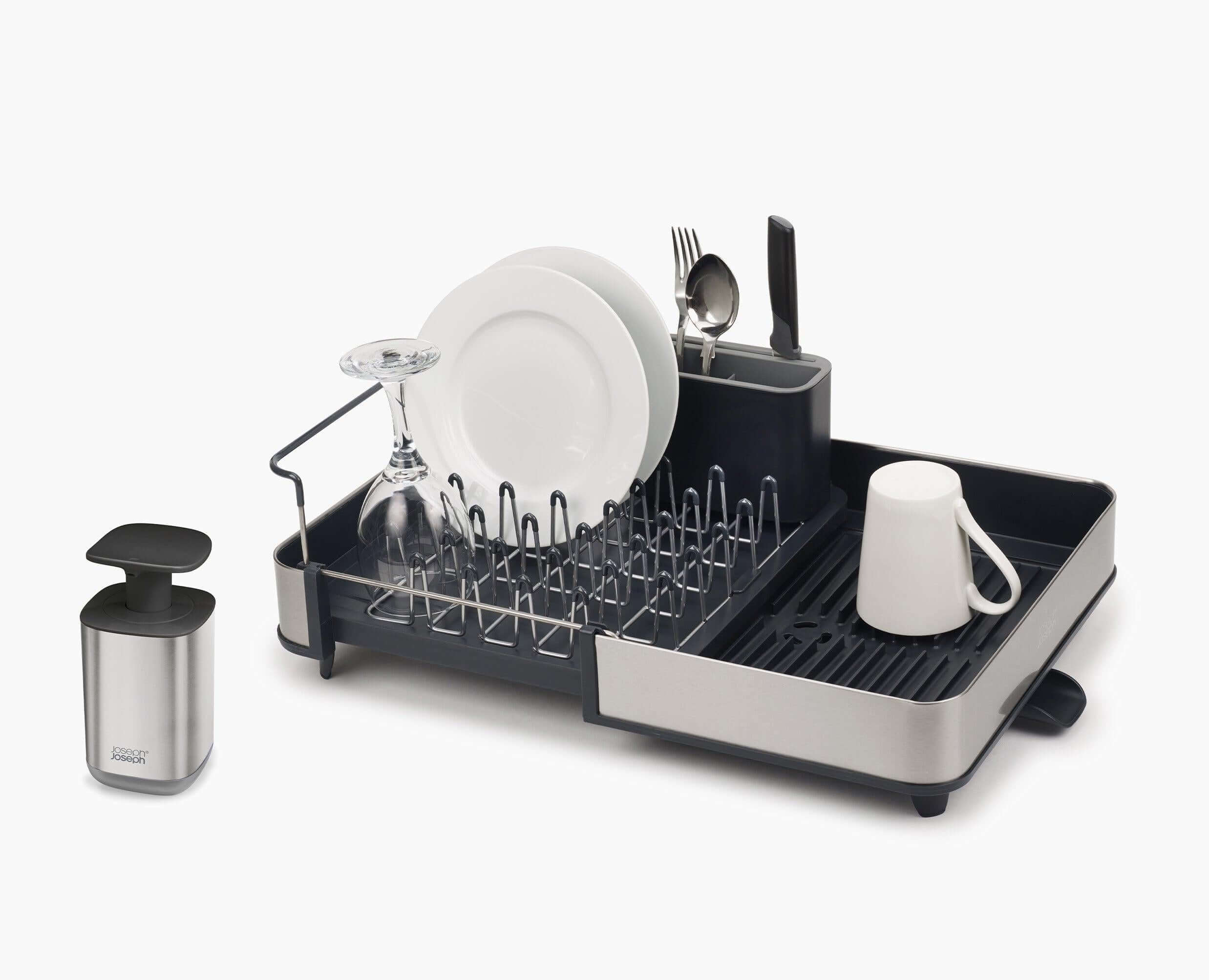 BEON.COM.AU This stylish set includes two highly-functional products to help make your sink-space shine. Dish rack extends to hold more items when needed Features draining spout, chopping board rail, raised ribs to prevent water being trapped and a movable cutlery pot Soap pump features large, easy-push head... Joseph Joseph at BEON.COM.AU