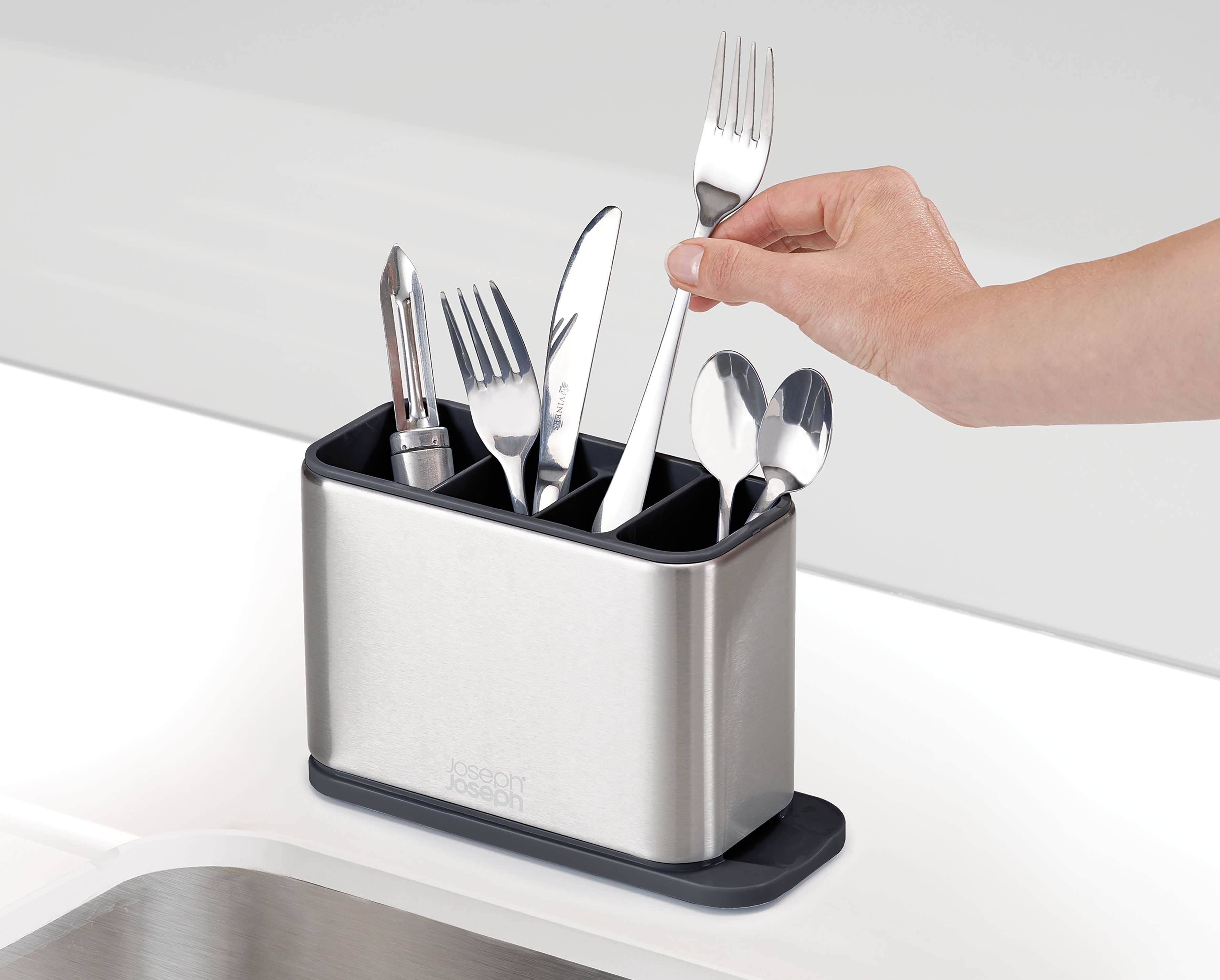BEON.COM.AU  With three main compartments and a shallow section for smaller items you can easily organise your cutlery as you wash it with this stylish stainless-steel cutlery drainer.  Main compartment divided for organised draining/li>  Separate draining section for small items Sloped base allows water ... Joseph Joseph at BEON.COM.AU