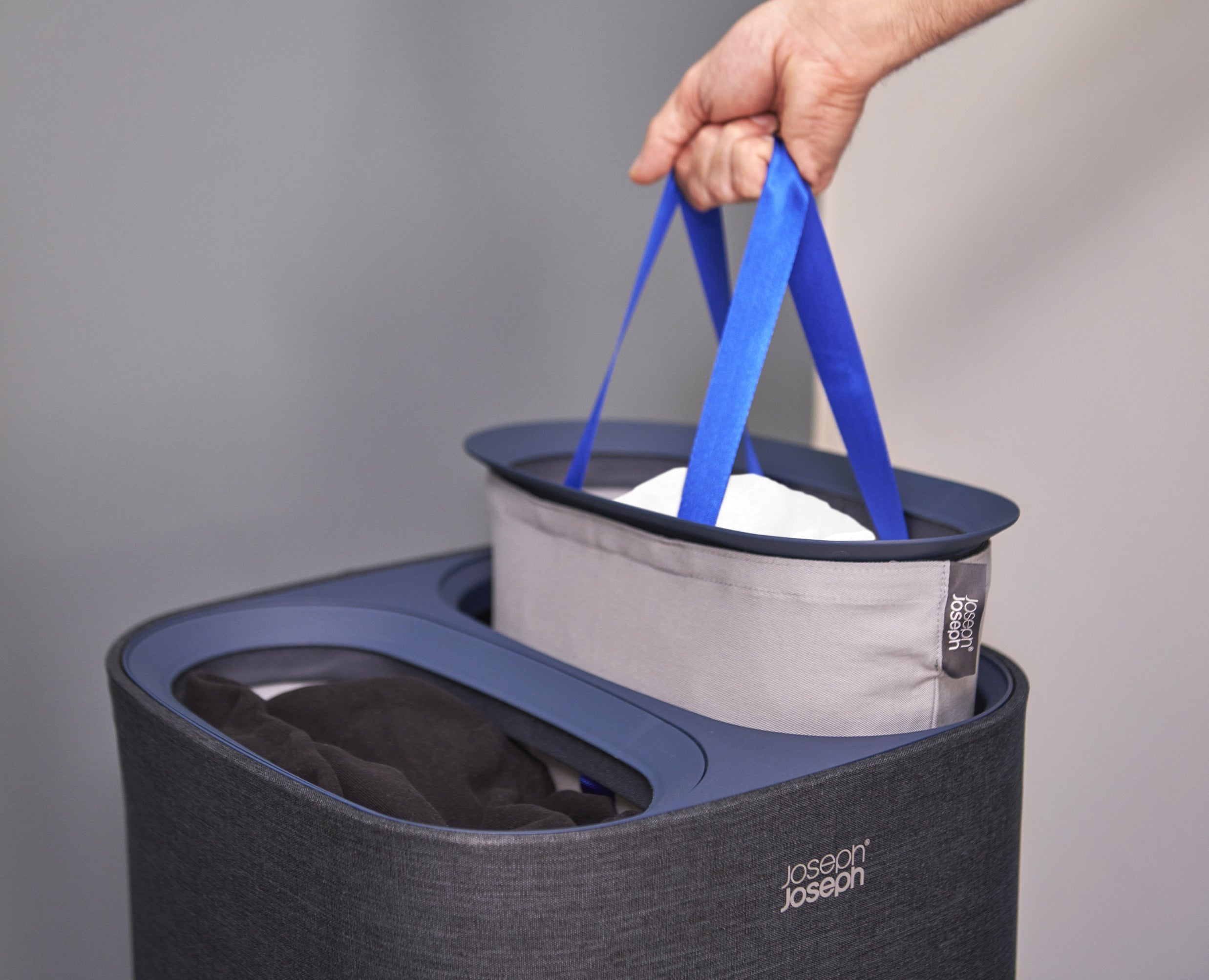 BEON.COM.AU Product Details Make wash day less of a chore by separating your light and dark/coloured fabrics as you go with the dual compartments of this stylish laundry basket.  Dual 30-litre compartments for easy separation of fabrics Removable tote bags with easy-carry handles Helper handle on base of bag... Joseph Joseph at BEON.COM.AU