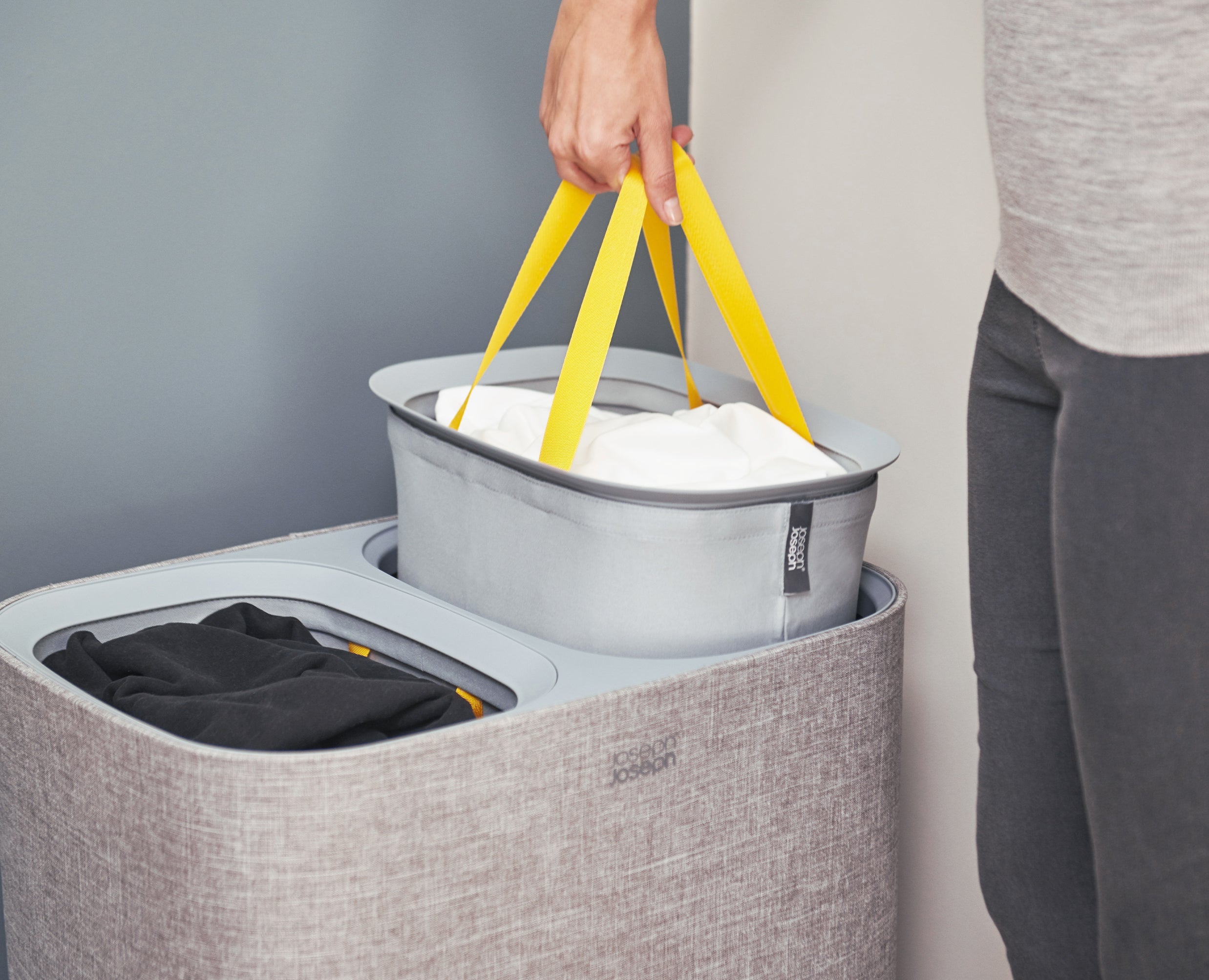 BEON.COM.AU Product Details Separate your lights and darks as you go with the two compartments of this handy laundry basket, meaning you're all ready to go on wash day.  Dual 45-litre compartments for easy separation of fabrics Removable tote bags with easy-carry handles Helper handle on base of bags mak... Joseph Joseph at BEON.COM.AU