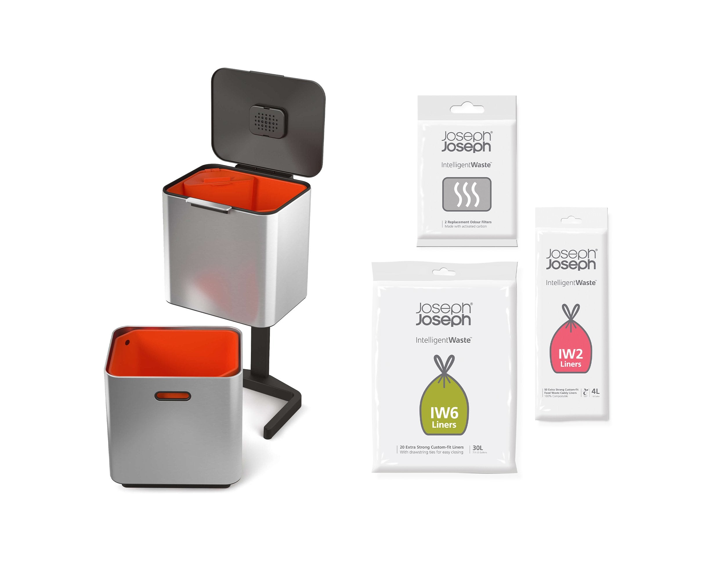 BEON.COM.AU  These starter kits have everything you need to separate out your waste and recycling with your choice of Totem 60L bin and 4 packs each of the compatible liners and filters.   60L Bundle includes: Totem 60L Waste & Recycling Bin in either Stainless-Steel, Grey, Black, Light Grey, White, or S... Joseph Joseph at BEON.COM.AU