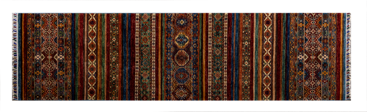 Buy Authentic Afghan Khorjin Handmade Runner Runners made in Afghanistan at BEON | Size: Foundation: CottonPile: Handspun WoolShape: Rectangular Hand knotted and meticulously crafted by Afghan artisans in Afghanistan, this stunning Khorjin runner is made