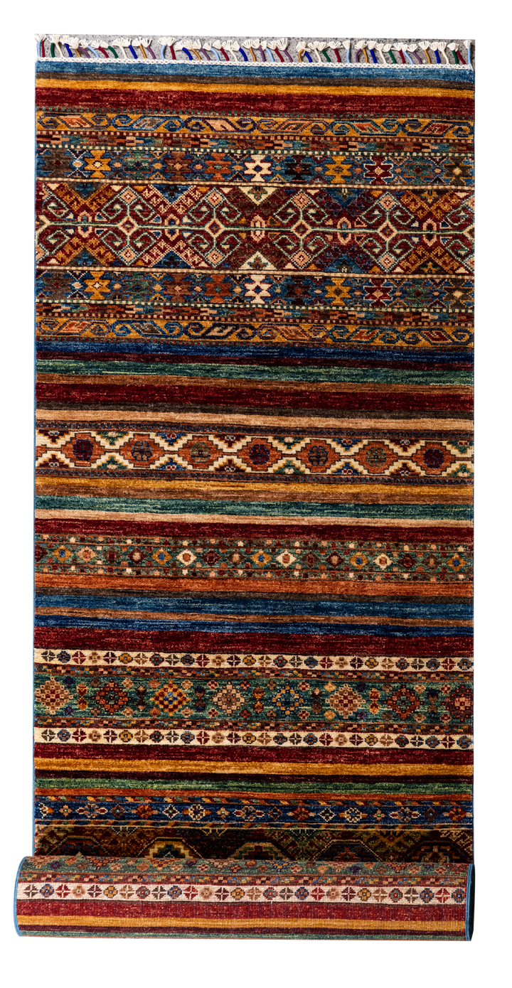 Buy Authentic Afghan Khorjin Handmade Runner Runners made in Afghanistan at BEON | Size: Foundation: CottonPile: Handspun WoolShape: Rectangular Hand knotted and meticulously crafted by Afghan artisans in Afghanistan, this stunning Khorjin runner is made