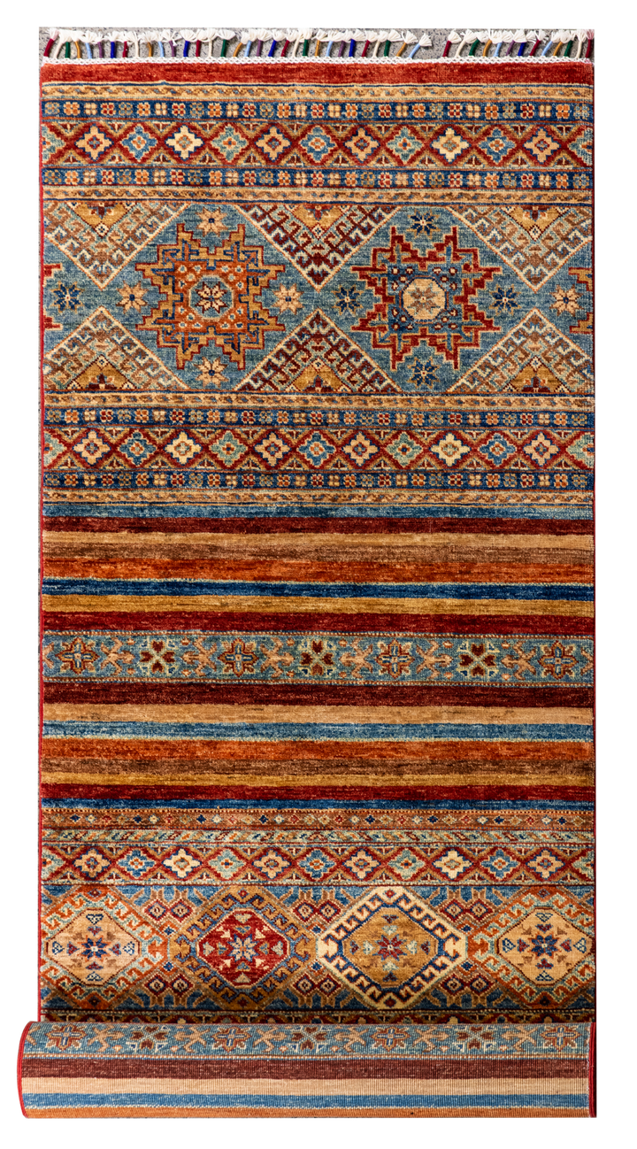 Buy Authentic Afghan Khorjin Handmade Runner Runners made in Afghanistan at BEON | Size: Foundation: CottonPile: Handspun WoolShape: Rectangular Hand knotted and meticulously crafted by Afghan artisans in Afghanistan, this stunning Khorjin runner is made