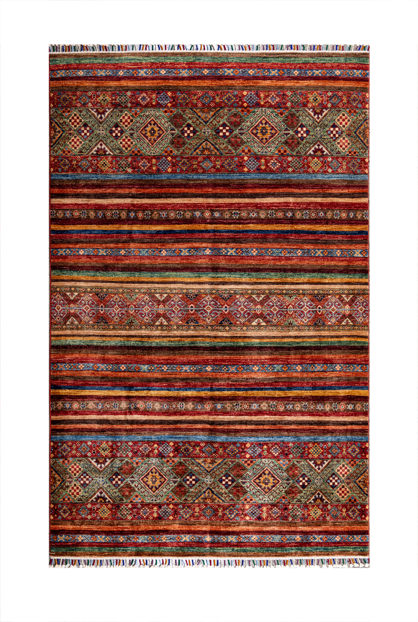 Size: 178x248cmFoundation: CottonPile: Handspun WoolShape: Rectangular Hand knotted and meticulously crafted by Afghan artisans in Afghanistan, this stunning Khorjin rug is made o