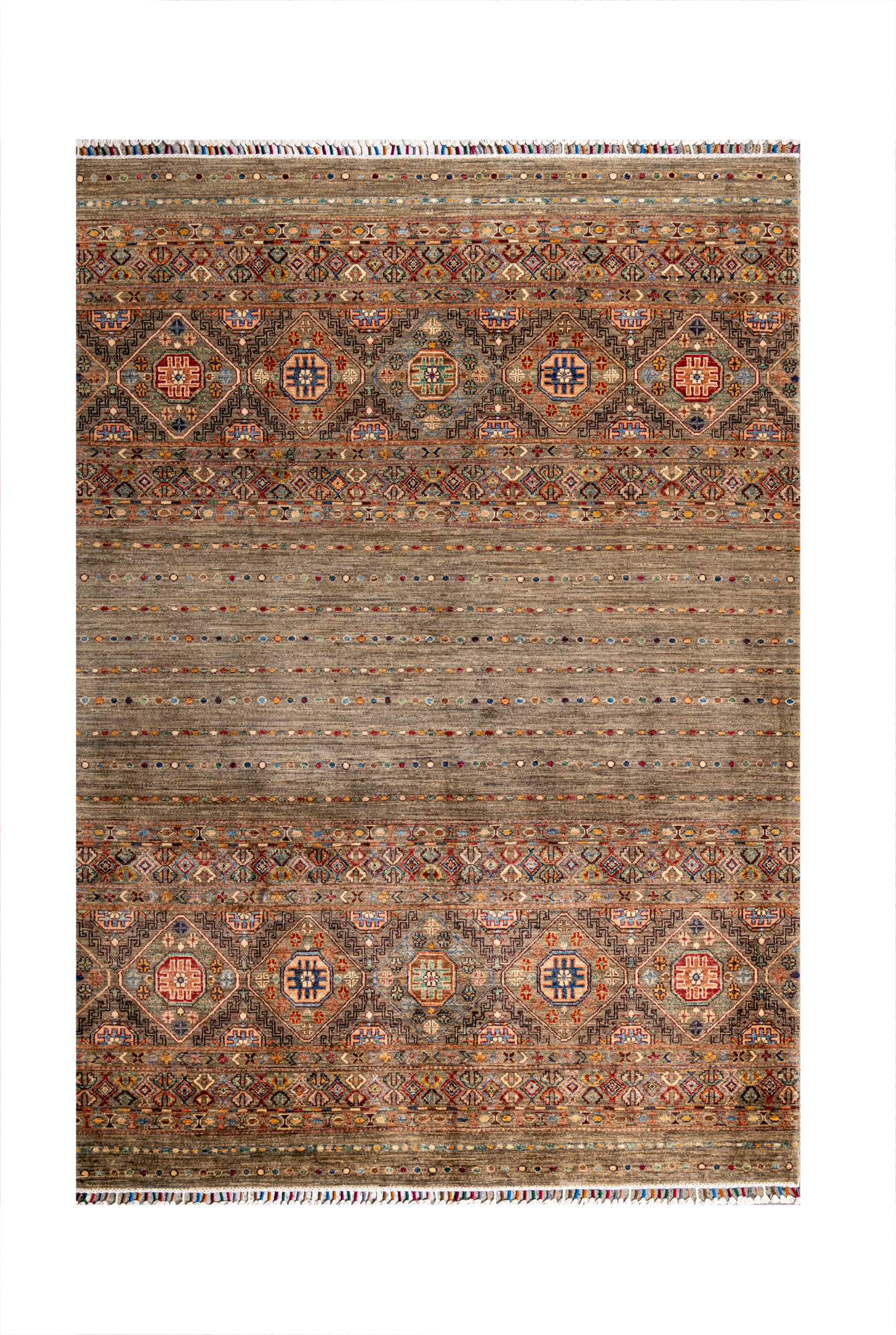 Size: 172x241cmFoundation: CottonPile: Handspun WoolShape: Rectangular Hand knotted and meticulously crafted by Afghan artisans in Afghanistan, this stunning Khorjin rug is made o