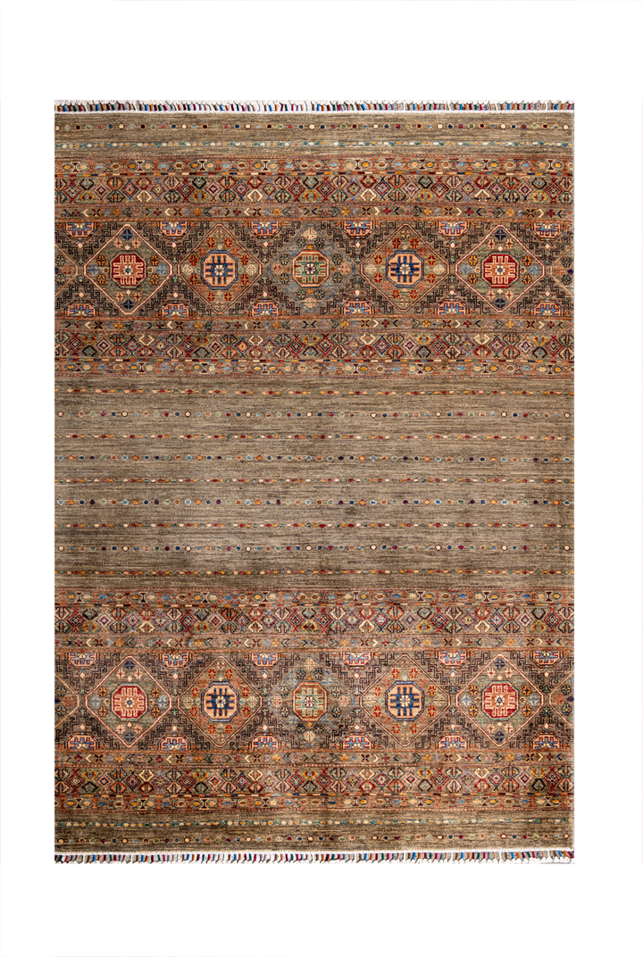 Buy Authentic Afghan Fine Khorjin Afghan Rugs made in Afghanistan at BEON | Size: 172x241cmFoundation: CottonPile: Handspun WoolShape: Rectangular Hand knotted and meticulously crafted by Afghan artisans in Afghanistan, this stunning Khorjin rug is made o