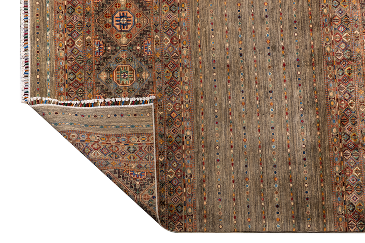 Buy Authentic Afghan Fine Khorjin Afghan Rugs made in Afghanistan at BEON | Size: 172x241cmFoundation: CottonPile: Handspun WoolShape: Rectangular Hand knotted and meticulously crafted by Afghan artisans in Afghanistan, this stunning Khorjin rug is made o