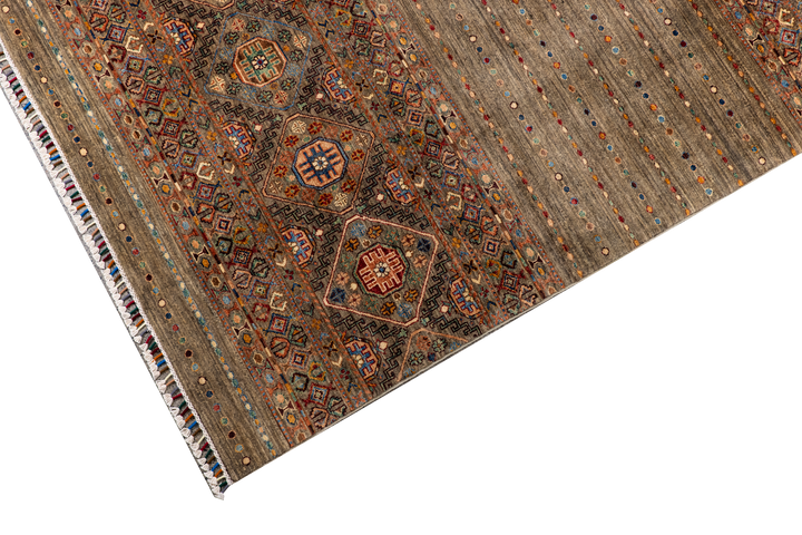 Buy Authentic Afghan Fine Khorjin Afghan Rugs made in Afghanistan at BEON | Size: 172x241cmFoundation: CottonPile: Handspun WoolShape: Rectangular Hand knotted and meticulously crafted by Afghan artisans in Afghanistan, this stunning Khorjin rug is made o