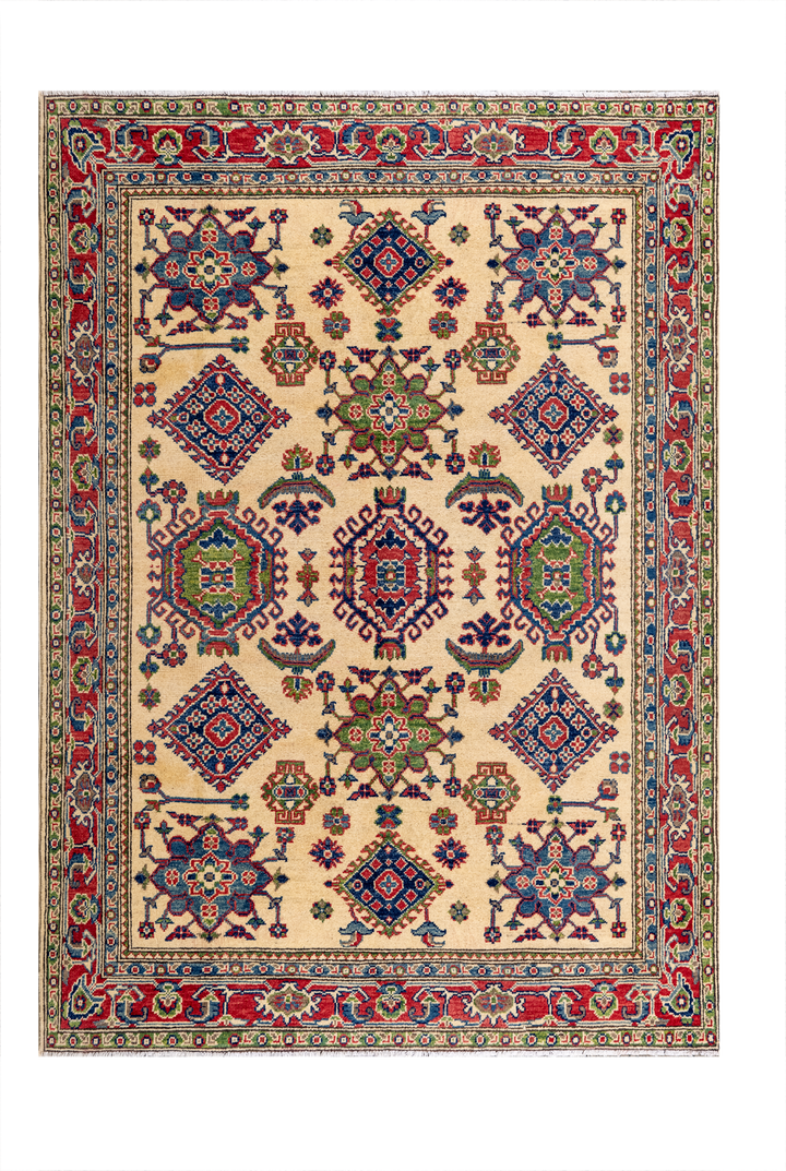 Buy Authentic Afghan Fine Kazak Afghan Rugs made in Afghanistan at BEON | Size: 156x2.08cmFoundation: CottonPile: Handspun WoolShape: Rectangular Hand knotted and meticulously crafted by Afghan artisans in Afghanistan, this stunning Kazak rug is made out