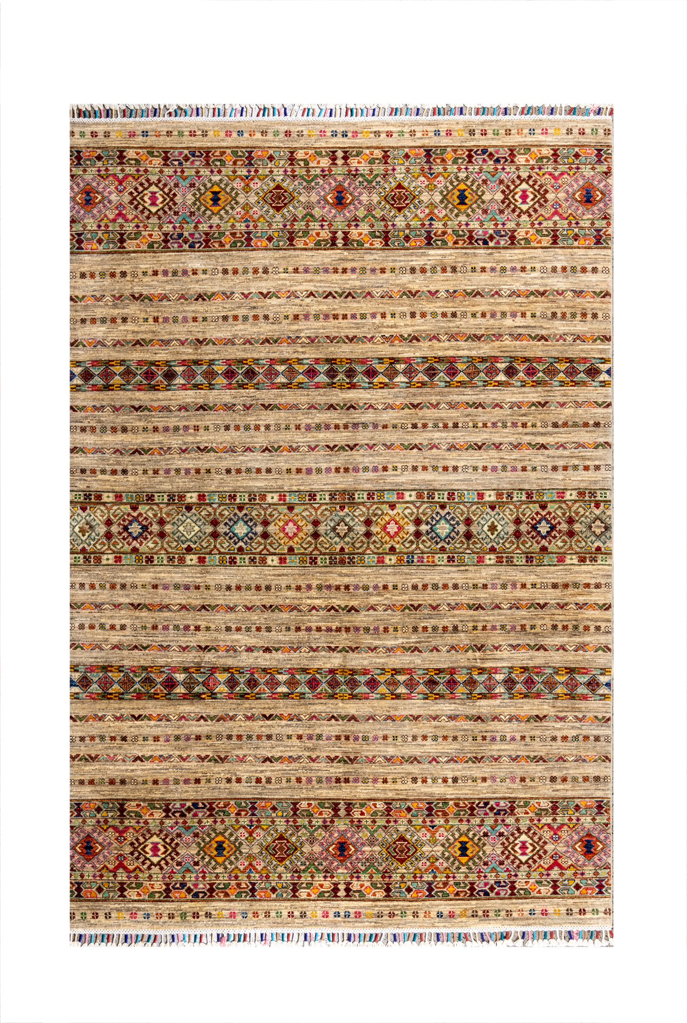 Size: 170x233cmFoundation: CottonPile: Handspun WoolShape: Rectangular Hand knotted and meticulously crafted by Afghan artisans in Afghanistan, this stunning Khorjin rug is made o