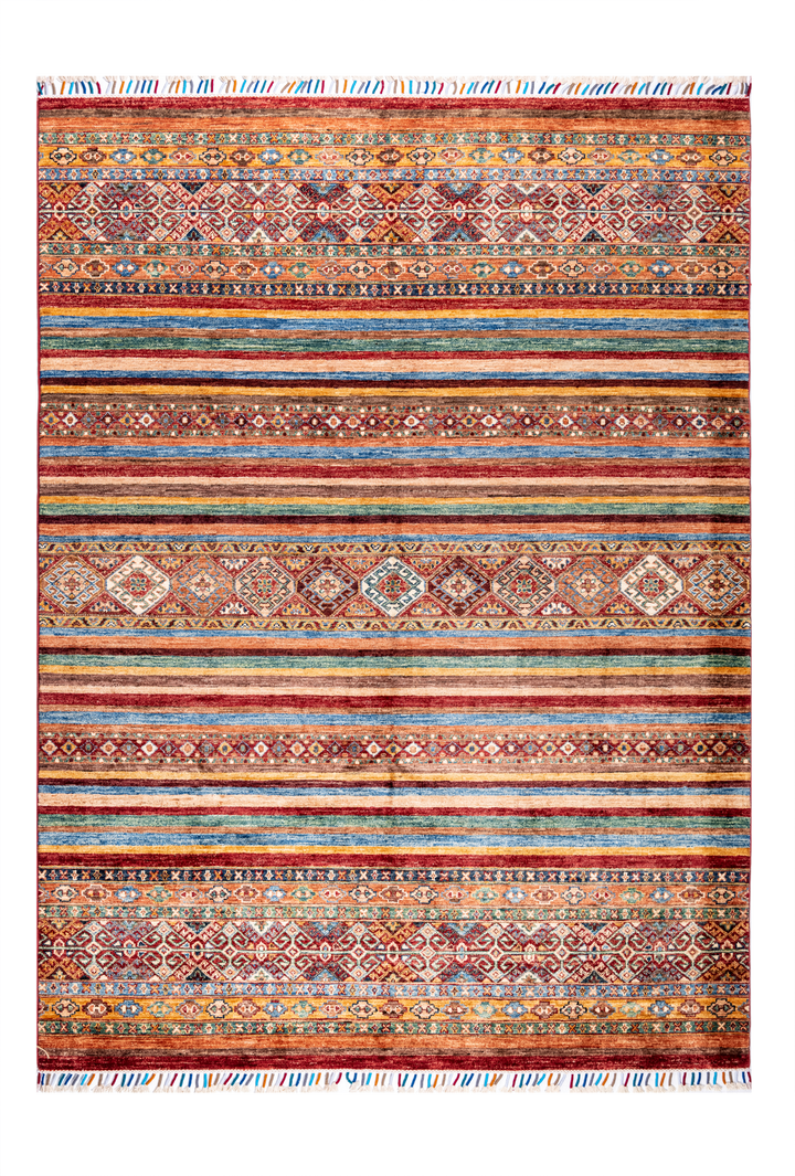 Buy Authentic Afghan Fine Khorjin Afghan Rugs made in Afghanistan at BEON | Size: 239x180cmFoundation: CottonPile: Handspun WoolShape: Rectangular Hand knotted and meticulously crafted by Afghan artisans in Afghanistan, this stunning Khorjin rug is made o