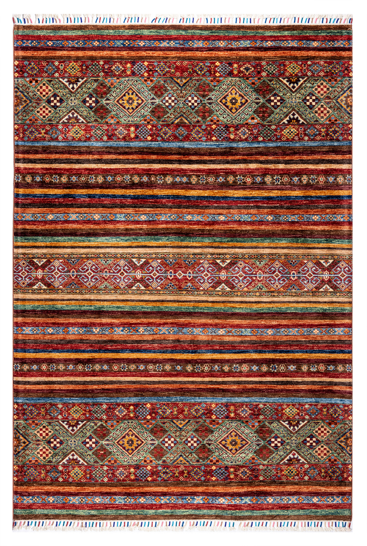 Buy Authentic Afghan Fine Khorjin Afghan Rugs made in Afghanistan at BEON | Size: 178x248cmFoundation: CottonPile: Handspun WoolShape: Rectangular Hand knotted and meticulously crafted by Afghan artisans in Afghanistan, this stunning Khorjin rug is made o