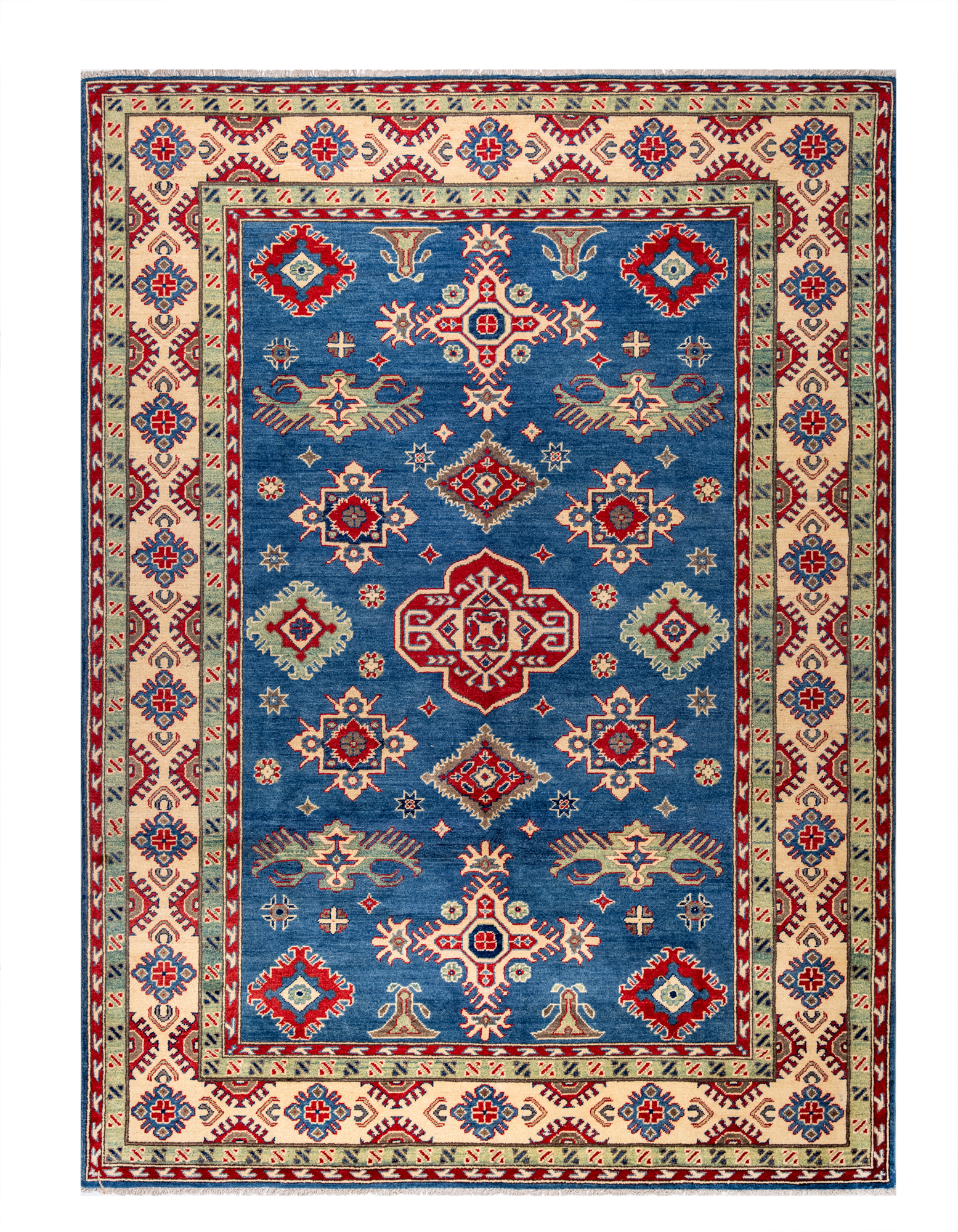 Size: 200x300cmFoundation: CottonPile: Handspun WoolShape: Rectangular Hand knotted and meticulously crafted by Afghan artisans in Afghanistan, this stunning Kazak rug is made