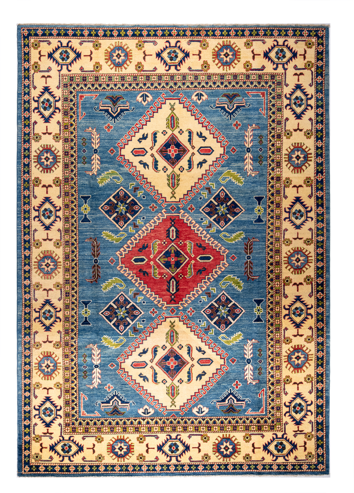 Buy Authentic Afghan Fine Kazak Afghan Rugs made in Afghanistan at BEON | Size: 203x311cmFoundation: CottonPile: Handspun WoolShape: Rectangular Hand knotted and meticulously crafted by Afghan artisans in Afghanistan, this stunning Kazak rug is made out o