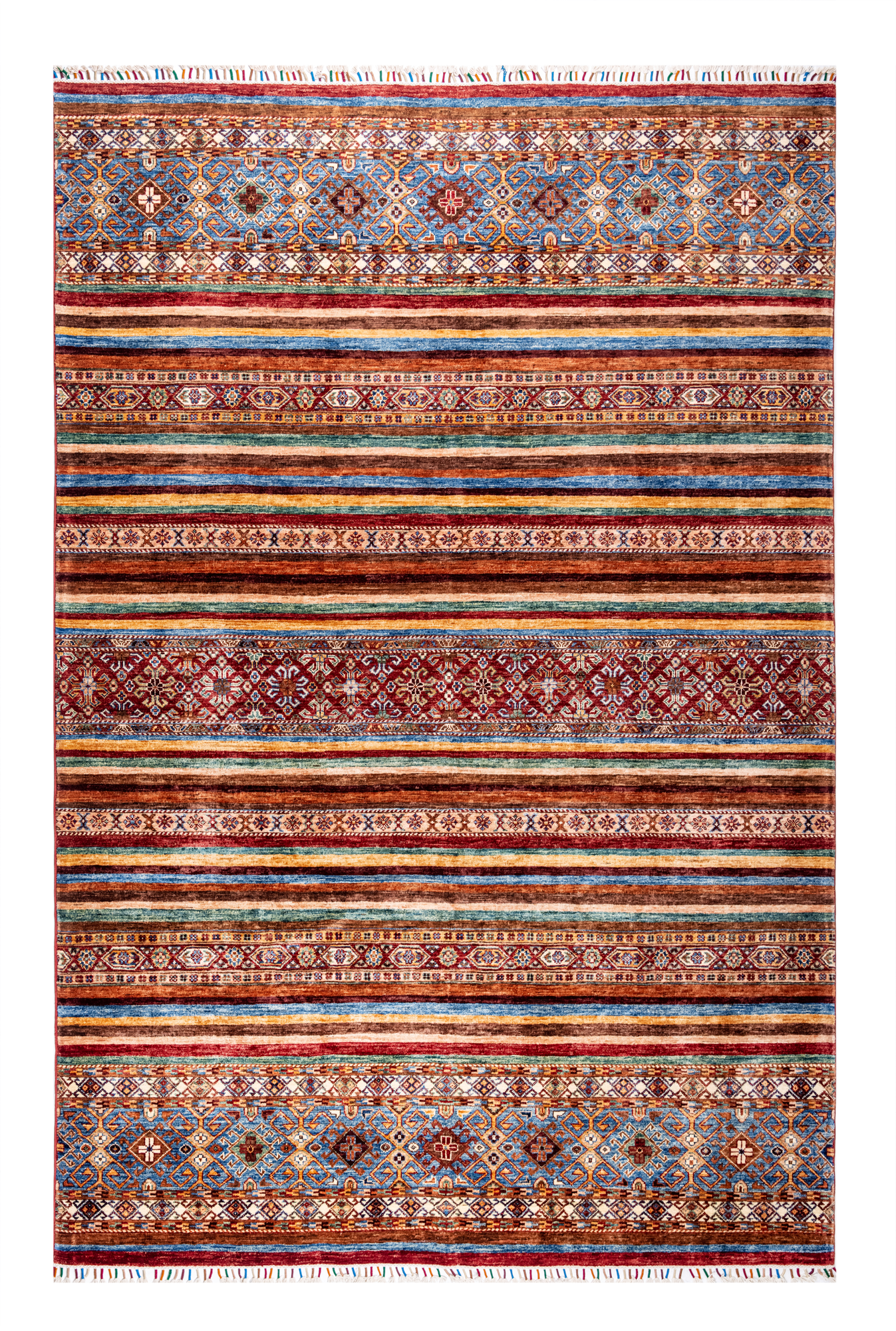 Hand knotted and meticulously crafted by Afghan artisans in Afghanistan, this stunning Khorjin rug is made out of pure handspun wool. Dimenstions:Size: 178x248cmFoun