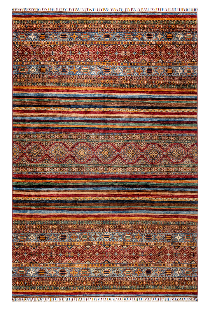 Buy Authentic Fine Afghan Khorjin Afghan Rugs made in Afghanistan at BEON | Size: 201x304cmFoundation: CottonPile: Handspun WoolShape: Rectangular Hand knotted and meticulously crafted by Afghan artisans in Afghanistan, this stunning Khorjin rug is made o