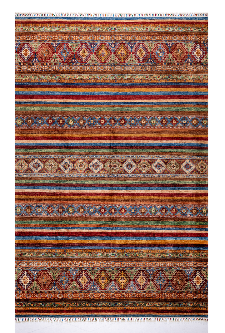 Buy Authentic Fine Afghan Khorjin Afghan Rugs made in Afghanistan at BEON | Size: 212x301cmFoundation: CottonPile: Handspun WoolShape: Rectangular Hand knotted and meticulously crafted by Afghan artisans in Afghanistan, this stunning Khorjin rug is made o