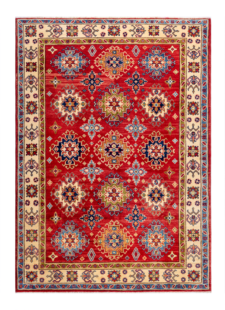 Buy Authentic Fine Afghan Kazak Afghan Rugs made in Afghanistan at BEON | Size: 152x217cmFoundation: CottonPile: Handspun WoolShape: Rectangular Hand knotted and meticulously crafted by Afghan artisans in Afghanistan, this stunning Chobi rug is made out o