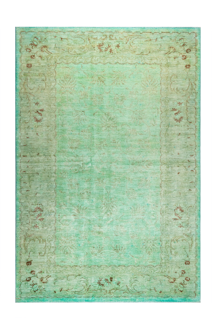 Buy Authentic Fine Afghan Over-Dyed Chobi In Green Afghan Rugs made in Afghanistan at BEON | This Chobi overdyed is a beautiful transitional rug in a muted distressed palette of soft green and blues colours. Hand knotted and meticulously crafted by Afghan