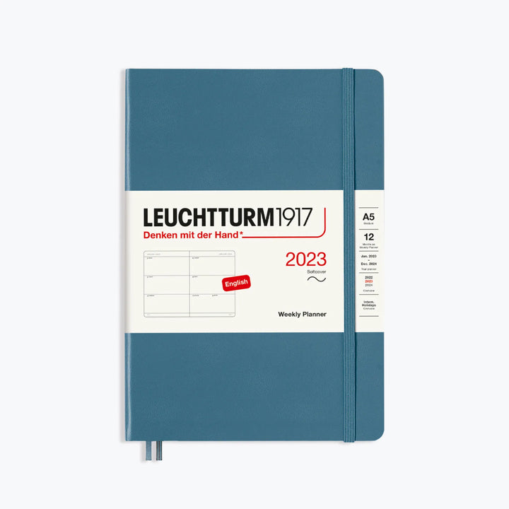 Leuchtturm1917 - 2023 Diary - Weekly Planner - A5 - Stone Blue (Soft) 2023 Diary The A5 stone blue Leuchtturm1917 weekly planner diary is a simple yet functional companion for 2023. It features one week per double page spread, with enough space for severa