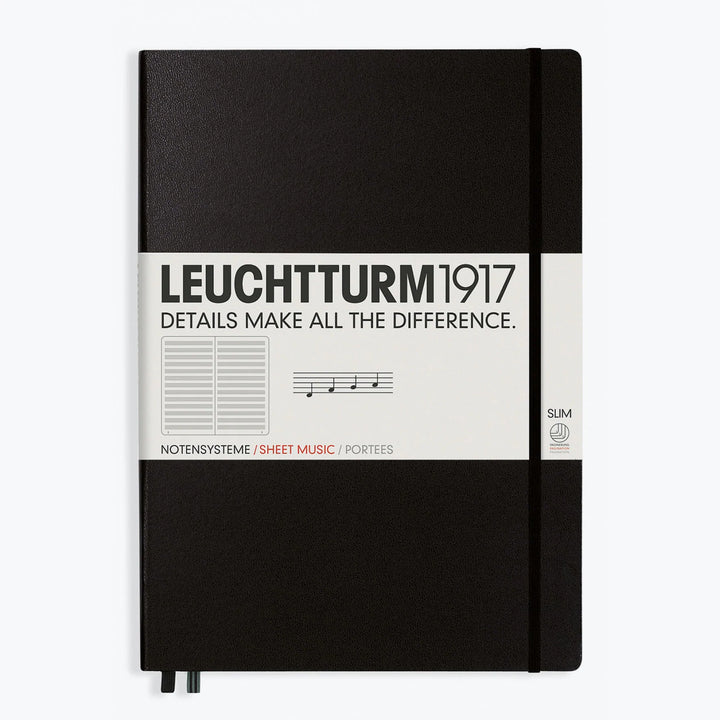 Leuchtturm1917 - Notebook - A4+ - Staves Notebooks Created especially for musicians, the Leuchtturm1917 A4+ Slim Staves notebook contains full size manuscript paper. It features 121 numbered pages (14 staves on each page) and a table on contents. The A4+