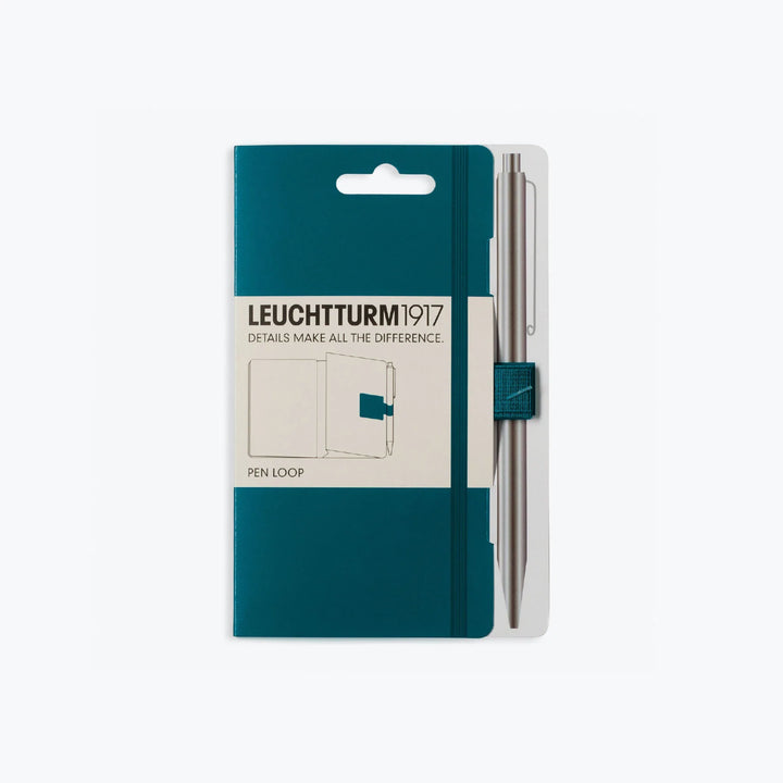 Leuchtturm1917 - Pen Loop - Pacific Green Pen Loops & Straps The pacific green Leuchtturm1917 self-adhesive loop sticks on the inside back cover of any notebook, making it easy to carry your favourite writing instrument with the notebook at all times. The