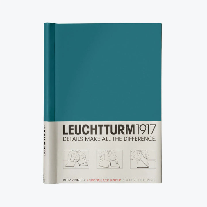 Leuchtturm1917 - Springback Binder - A4 - Pacific Green Springback/Clamp Binders The pacific green Leuchtturm1917 springback binder is the perfect flexible binding solution. Loose papers can be easily filed without the need for holes or stitched binding.