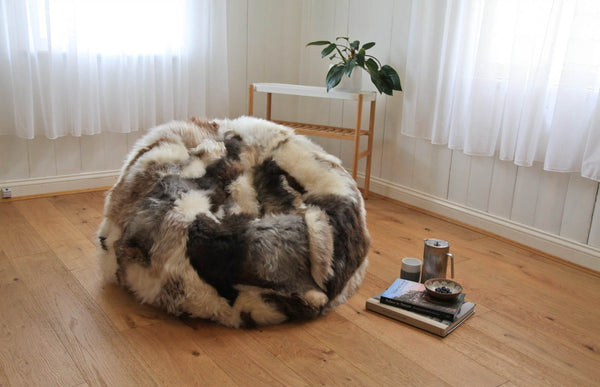 Buy Lhasa Bean Bag | Lhasa Bean Bag by Fibre at BEON | Himalayan Lhasa Longwool Sheepskin Bean Bag with safety zipper, 100% polystyrene bean fill, leather base. Enjoy a high-quality furniture piece that is soft and comfortable with its unique natural long