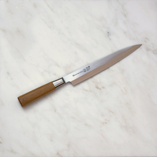 Buy online & save Mu Bamboo Sashimi Knife 8.5 Inch (21.6cm) |Messermeister |BEON.COM.AU MU 10      Mu Bamboo Sashimi Knife The Messermeister 8.5" Sashimi Knife has a long, narrow, single edge, pointed blade. Features One-piece, fully stamped 15° Precision edge Closed bolster collar Extra-wide chef's knife blade High carbon, molybdenum vanadium steel Satin finish blade Carbo... Messermeister at BEON.COM.AU