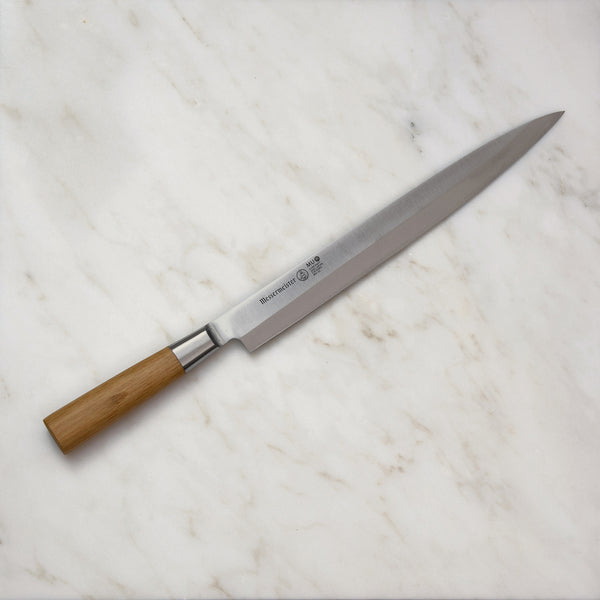 Buy online & save Mu Bamboo Sashimi Knife 10 Inch (25.4cm) |Messermeister |BEON.COM.AU MU 10      Mu Bamboo Sashimi Knife The Messermeister 10" Sashimi Knife has a long, narrow, single edge, pointed blade. Features One-piece, fully stamped 15° Precision edge Closed bolster collar Extra-wide chef's knife blade High carbon, molybdenum vanadium steel Satin finish blade Carbon... Messermeister at BEON.COM.AU