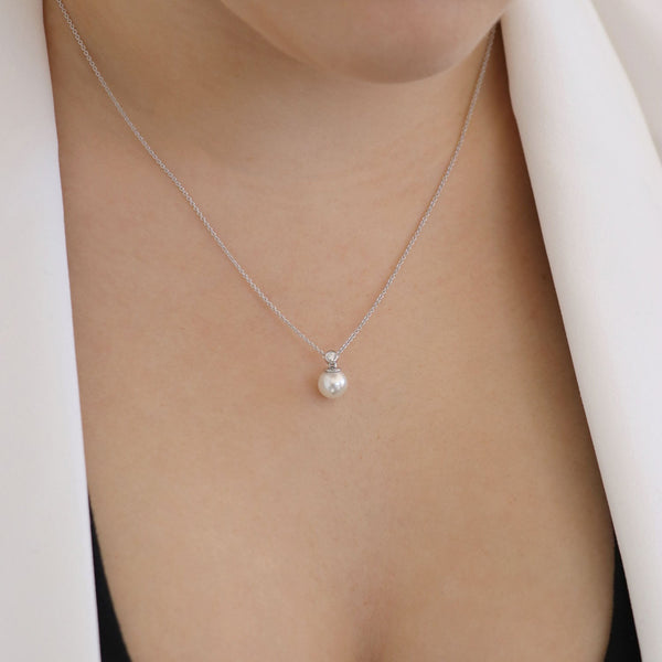 Diamond Pearl Necklace with 0.03ct Diamonds in 9K White Gold - N-20565-003-W