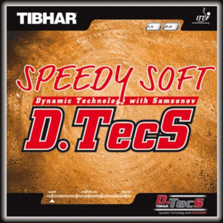 Buy & Save on Tibhar Speedy Soft D.Tecs Rubber | Tibhar Speedy Soft D.Tecs Rubber Tibhar Speedy Soft D.TecS is a short pimple rubber. ( Speed boost ) technology is now well tried and tested and has resulted in being a greatÊ success. So Tibhar decided to incorporate it into their famous Speedy Soft short out pimples rubber. The advanced D.TecS technology makes these pimples out even more dangerous and much more disturbing. These are great for power blocking and punch driving close over the table.Speed: 9, S