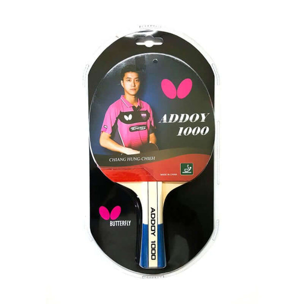 Buy & Save on Butterfly Addoy 1000 Table Tennis Racket | Butterfly Addoy 1000 Table Tennis Racket Description Addoy 1000 is designed specifically for beginner players and casual hobby players.Ê The rubber produces higher speed than spin, making it ideal to control for those learning the basics of table tennis. Features Addoy Rubber top sheet with 1.5mm thick white sponge. The less aggressive Addoy surface and thinner sponge layer helps emphasise control play.Ê We recommend this bat for beginners, hobby use