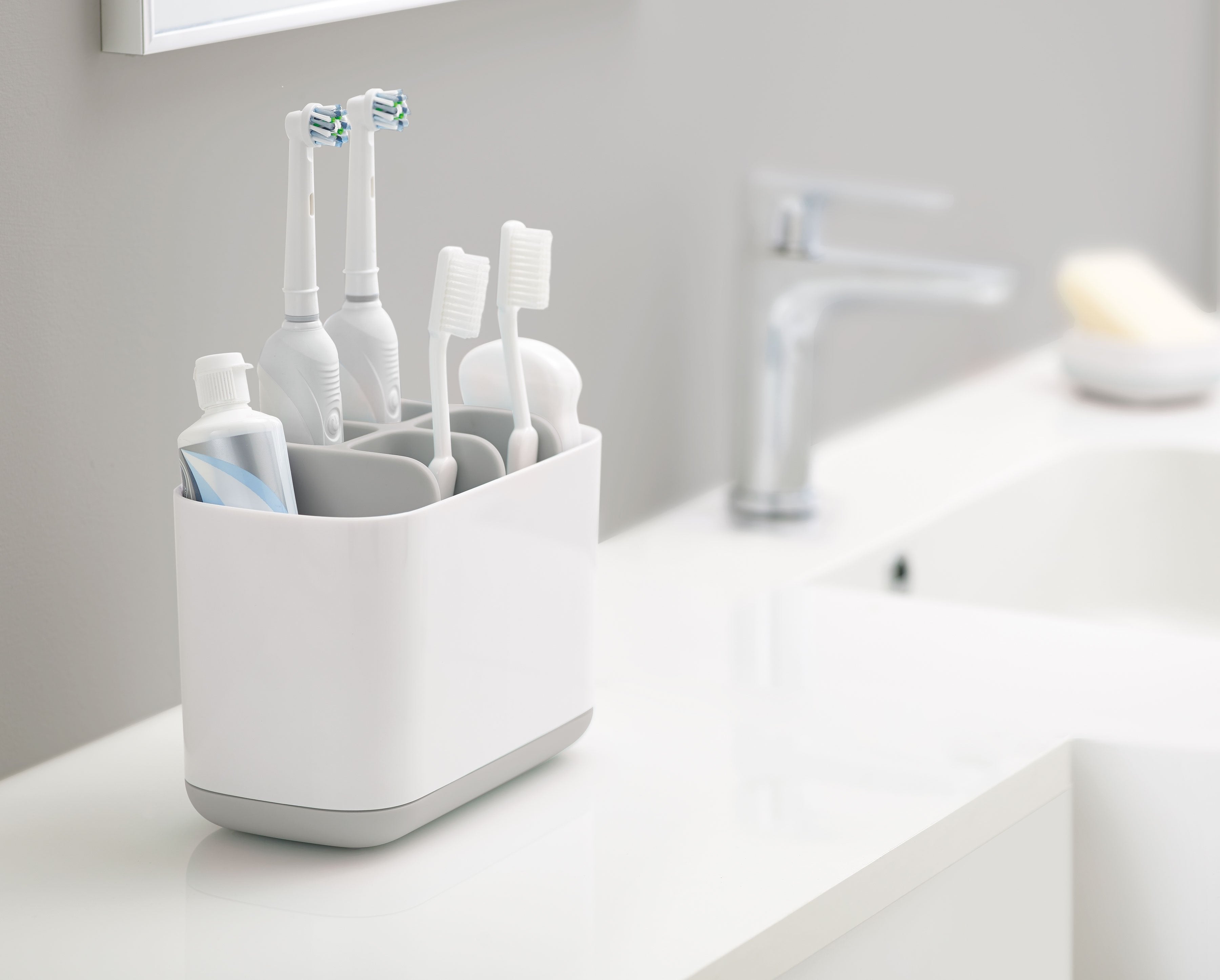 BEON.COM.AU  These toothbrush caddies have different sections for organising a variety of oral care items such as manual or electric toothbrushes and toothpaste tubes.  Versatile storage Ideal for electric or battery toothbrushes and toothpaste tubes Dismantles for easy cleaning Ventilated for quick drying N... Joseph Joseph at BEON.COM.AU