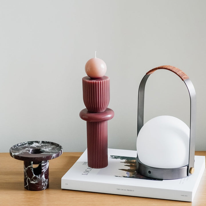 Barrenjoey Candle - Red Ochre And Nude Pillar Candle Available at BEON | Inspired by the Barrenjoey lighthouse in Palm Beach, the Barrenjoey candle celebrates chic and minimal design. The unique shape is like a sculpture and will add a touch of art to you