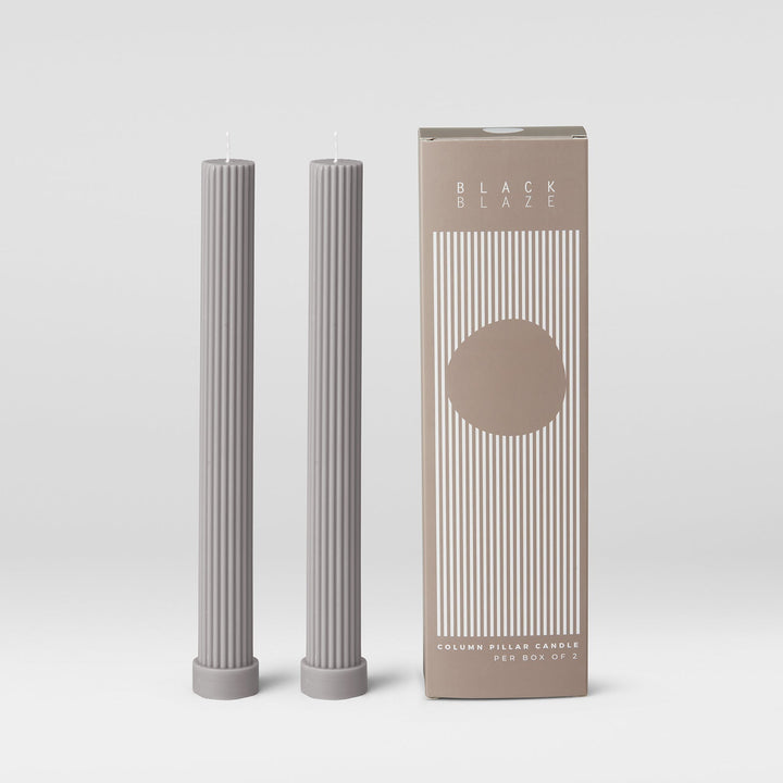 Column Pillar Candle Duo - Grey Pillar Candle Available at BEON | The Original Column Pillar Candle Our Column pillar candles are made from refined soy wax and good for home decoration. All candles in this collection are unscented. Please use a candle hol