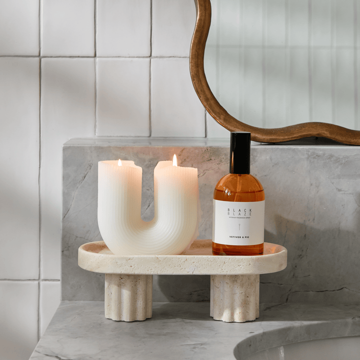 Column Tray - Oval / Travertine Pillar Candle Available at BEON | With the timeless pillar look leg design, the Column Tray is a perfect highlight to any room. Crafted from high quality natural stone, this tray could be used as a table organiser for perfu