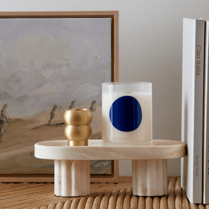 Column Tray - Oval / Travertine Pillar Candle Available at BEON | With the timeless pillar look leg design, the Column Tray is a perfect highlight to any room. Crafted from high quality natural stone, this tray could be used as a table organiser for perfu