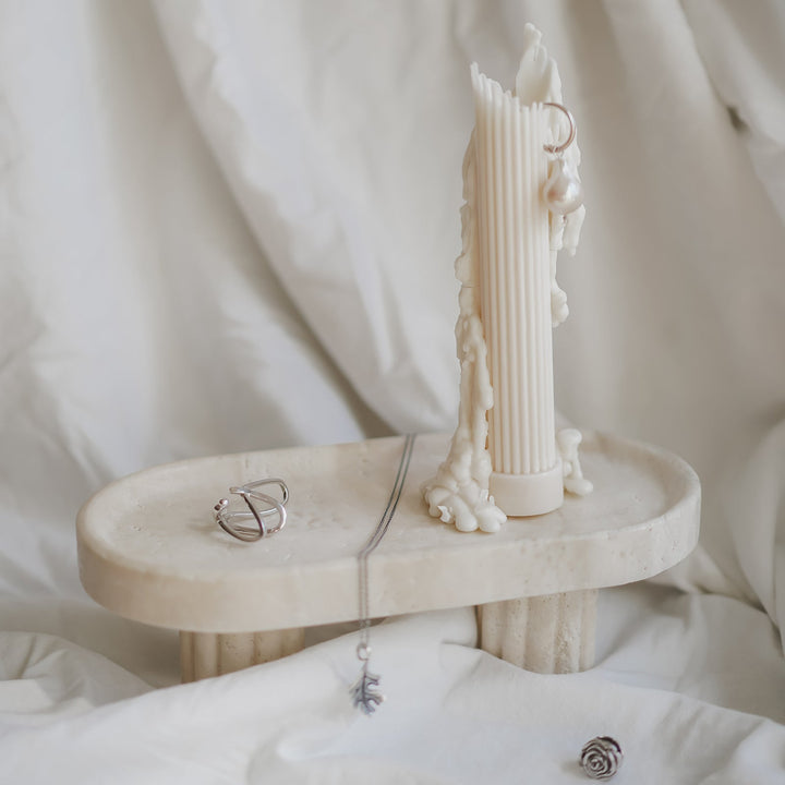 Column Tray - Oval / Travertine Pillar Candle Available at BEON | With the timeless pillar look leg design, the Column Tray is a perfect highlight to any room. Crafted from high quality natural stone, this tray could be used as a table organiser for perfu