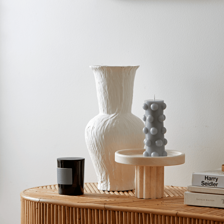 Column Tray - Round / Travertine Pillar Candle Available at BEON | With the timeless pillar look leg design, the Column Tray is a perfect highlight to any room. Crafted from high quality natural stone, this tray could be used as a table organiser for perf