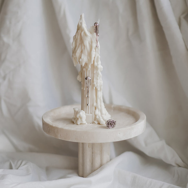 Column Tray - Round / Travertine Pillar Candle Available at BEON | With the timeless pillar look leg design, the Column Tray is a perfect highlight to any room. Crafted from high quality natural stone, this tray could be used as a table organiser for perf