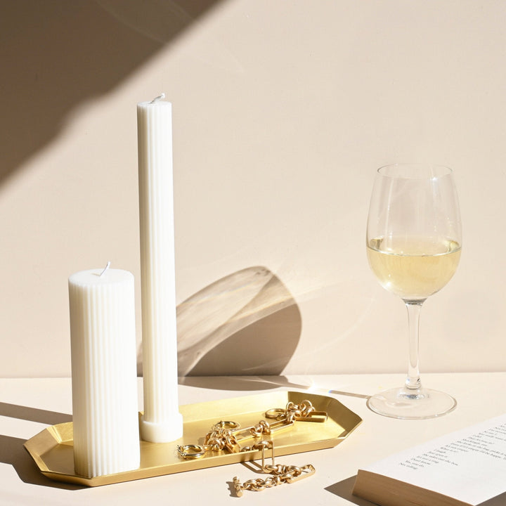 Hexa Brass Tray Pillar Candle Available at BEON | A perfect addition to our column candle collection. This brass candle tray is designed to display your pillar candle and take the candle drips. Also can be a great table organizer.