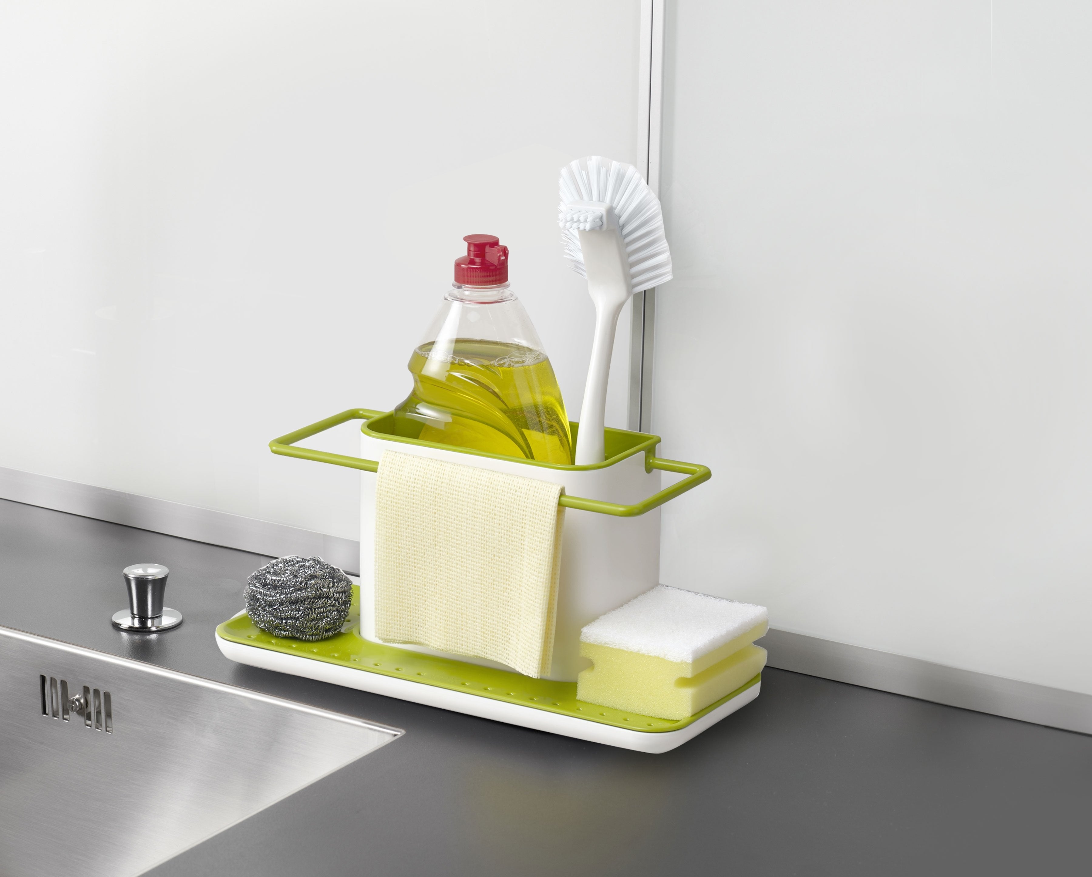 BEON.COM.AU  Organise all of your washing-up essentials with this stylish but highly practical sink tidy.  Organised storage for your sink area Main compartment for storing large washing up liquid bottle and brush Wide rail for hanging damp dishcloths and double sponge plate for storing sponges and scourers ... Joseph Joseph at BEON.COM.AU